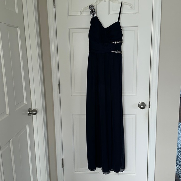 Elegant Sheath One Shoulder Navy Blue Satin Prom Dress Birthday Party Dress Y8766